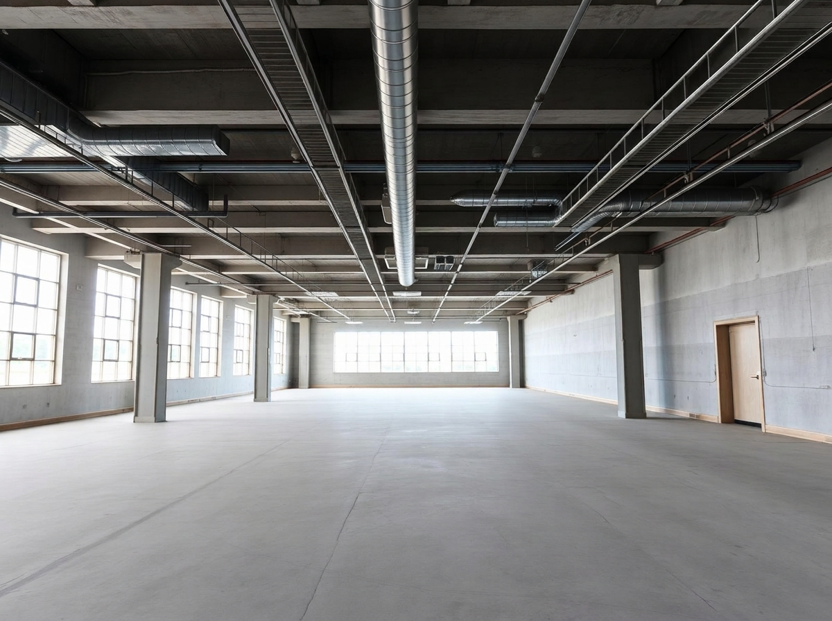 Commercial interior stripped back to shell with exposed concrete and services